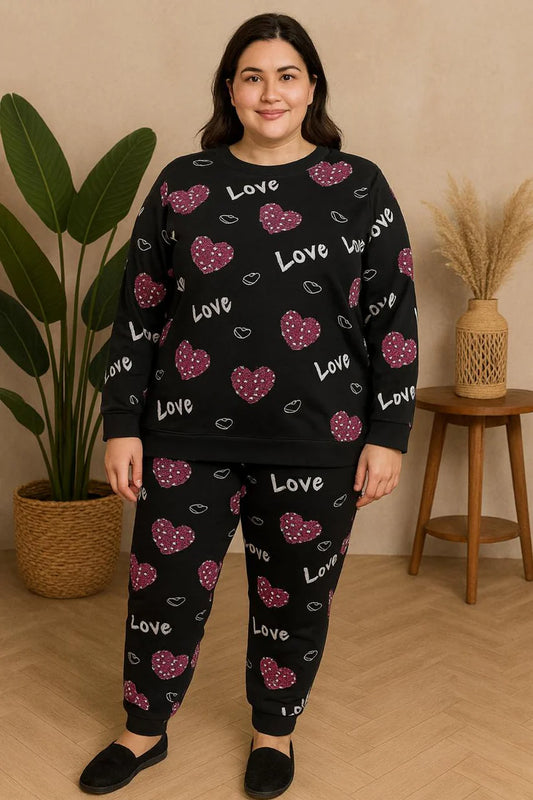 Winter Black Love Heart Co-Ord Set Women Night Suit