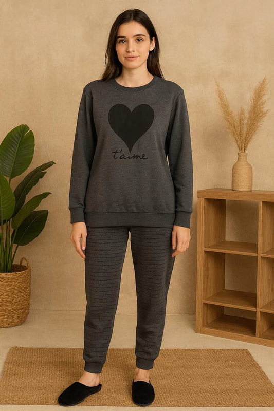 Winter Black Gray Heart Co-Ord Set Women Night Suit