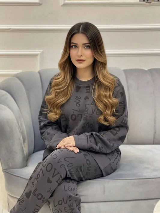 Winter Gray Love Co-Ord Set Women Night Suit