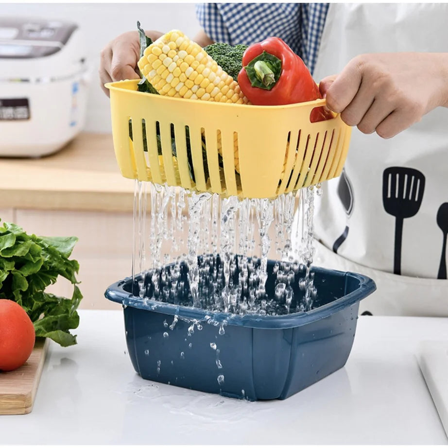 Refrigerator Strainer Double Drainer Basket with Lid – Multi-Purpose Storage Box for Fruits & Vegetables
