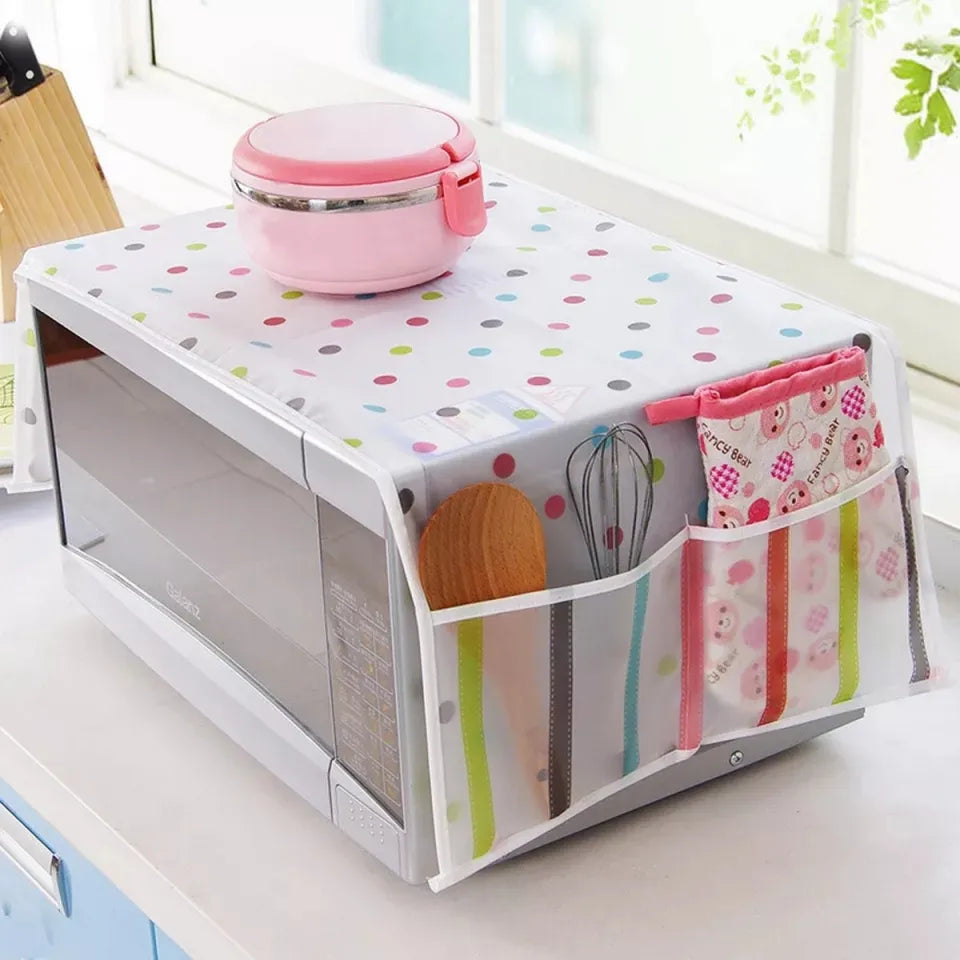 Microwave Oven Cover with Side Storage Pockets – Dustproof Kitchen Organizer