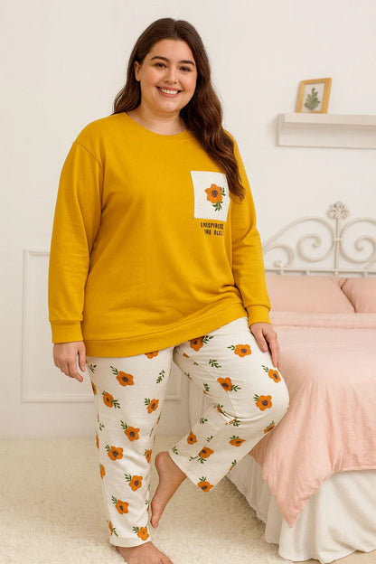 Winter Yellow Flower Co-Ord Set Women  Night Suit