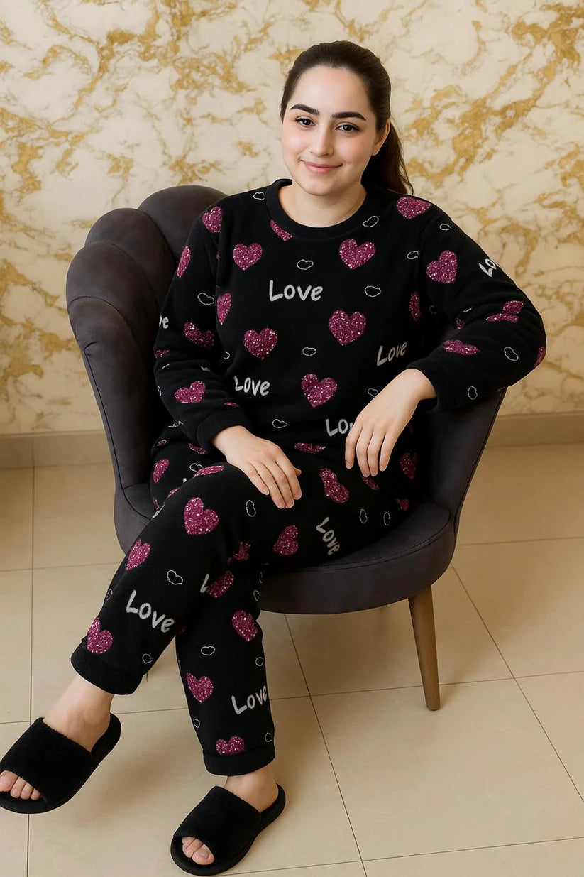 Winter Black Love Heart Co-Ord Set Women Night Suit