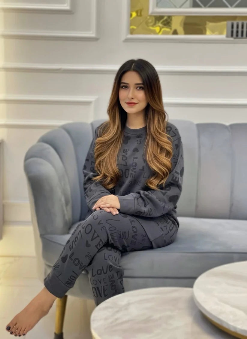 Winter Gray Love Co-Ord Set Women  Night Suit