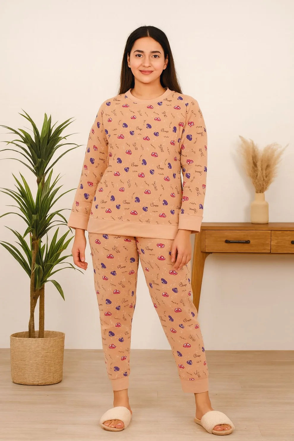 Winter Peach Clouds Sleep Co-Ord Set Women Night Suit