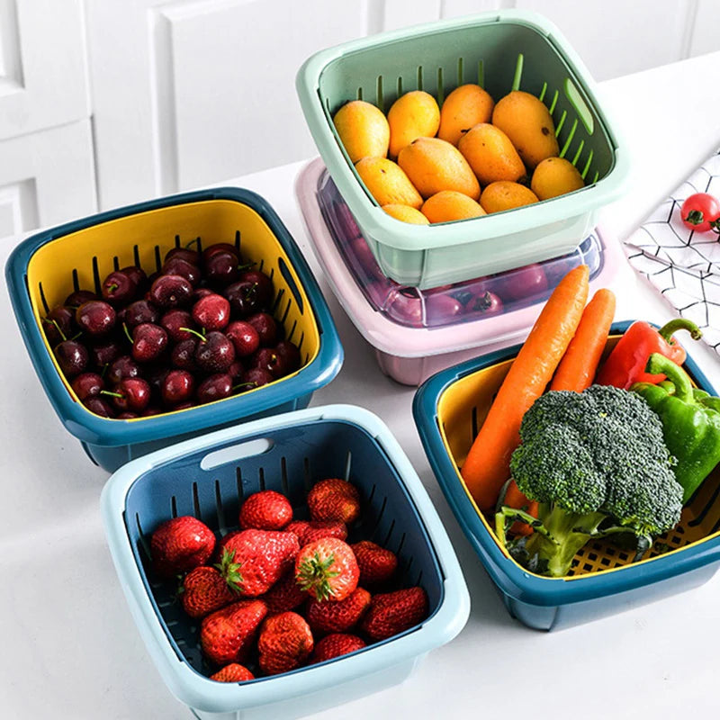 Refrigerator Strainer Double Drainer Basket with Lid – Multi-Purpose Storage Box for Fruits & Vegetables
