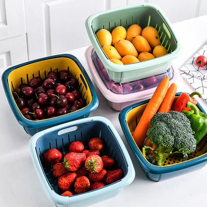 Refrigerator Strainer Double Drainer Basket with Lid – Multi-Purpose Storage Box for Fruits & Vegetables
